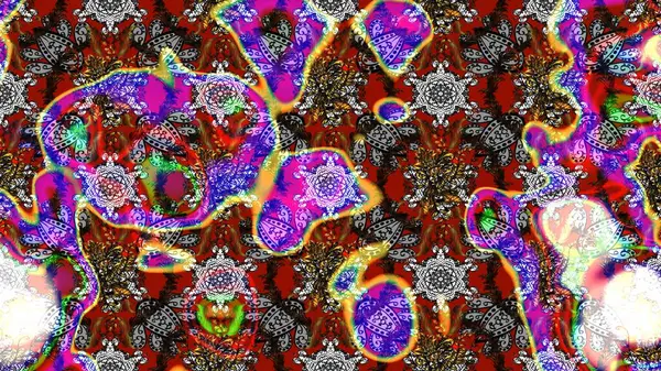 Modern çiçek arkaplanı. Moda baskıları için zarif bir şablon. Parlak renkli çiçekleri ve gri ve kahverengi renkte yaprakları olan harika bir çiçek deseni. Halk stili.