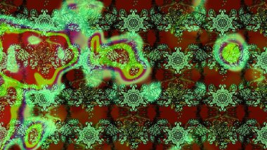 Çok yeşil ve kahverengi zarif küçük çiçekler ve yeşil ve kahverengi renkli komik böcekler, raster desen, illüstrasyon.