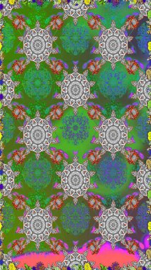 Düz Çiçek Elementleri Tasarımı. Yeşil renkli çiçekler. Raster illüstrasyonunda kusursuz çiçek deseni. Renkli Bahar Teması Kusursuz Arkaplan.