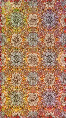 Kahverengi ve bej renklerde parlak çiçekli, soyut, pürüzsüz desen. Çiçeksel elementlerle süslenmiş zarif raster dokusu. Küçük çiçekte şirin bir çiçek deseni var..