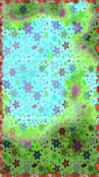 Kusursuz çiçek deseni. Raster illüstrasyonu. Yeşil ve mavi renkli Asyalı tekstil.