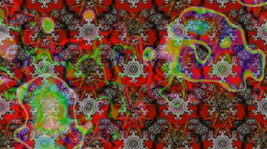 Asya tekstil tarzında. Düz Çiçek Elementleri Tasarımı. Raster illüstrasyonu. Kahverengi ve kırmızı renkte çiçekler. Renkli Bahar Teması eskiz kalıbı. Çiçek desenini çiz.