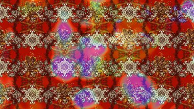 Raster illüstrasyonu. Raster illüstrasyonu. Kahverengi ve kırmızı renkte çiçekler. Asya tekstil tarzında. Çiçek desenini çiz.