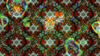 Renkli desenli eskiz deseni, yeşil ve kahverengi çiçekler ve dekoratif elementler. Kumaş, tekstil, duvar kağıdı baskısı için. Raster illüstrasyonu. Eski usul. Taslak arkaplan.