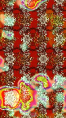 Çiçek süslemeli çizim deseni. Raster illüstrasyonu. Kahverengi ve kırmızı renkte çiçekler.