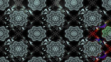 El çizimi çiçek unsurları olan soyut çizim raster deseni. 1950-1960 motifleri. Çiçekli ipek eşarp. Siyah üstüne siyah. Retro tekstil tasarım koleksiyonu.