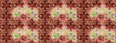 Raster altın tekstil baskısı. Kahverengi ve kırmızı renklerde altın desenli altın elementler. Çiçek kiremitleri. İslam tasarımı. Kusursuz desenli oryantal süs.