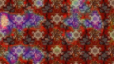 Parlak renkli çiçekleri ve kahverengi ve kırmızı renkte yaprakları olan harika bir çiçek deseni. Halk tarzı. Modern çiçek arkaplanı. Moda baskıları için zarif bir şablon.