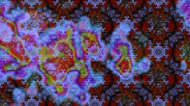 Varyete ve mavi raster çizimi. Küçük çiçekteki sevimli çiçek deseni. Birçok mor ve mavi soyut çiçekli tropikal çizim deseni.