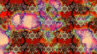 Raster Çiçek İllüstrasyonu güzel tekstil. Kahverengi ve kırmızı renkte etnik çiçeklerle süslenmiş zarif bir eskiz..