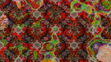 Çiçeksel çizim kalıbının yansıması. Vadinin çiçekleri kahverengi ve kırmızı renklerde.