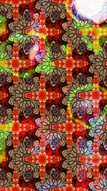 Raster illüstrasyonu. Eski usul. Renkli desenli eskiz deseni, kırmızı ve kahverengi çiçekler ve dekoratif elementler. Kumaş, tekstil, duvar kağıdı baskısı için. Taslak arkaplan.