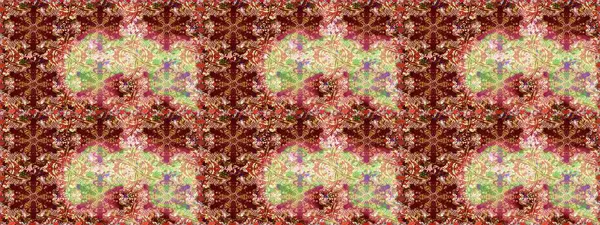 Raster altın tekstil baskısı. Kahverengi ve kırmızı renklerde altın desenli altın elementler. Çiçek kiremitleri. İslam tasarımı. Kusursuz desenli oryantal süs.