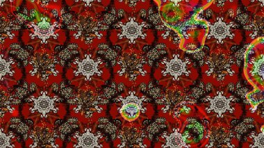 Raster illüstrasyonu. Şirin çiçekli eskiz deseni ve kahverengi ve kırmızı renklerde yapraklar, suluboya çiçek deseni, duvar kağıdı, kart veya kumaş için fayanslı.