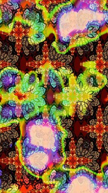 Raster illüstrasyonu. Raster deseni. Kahverengi ve yeşil renklerde bahar çiçekleri. Patlayan çiçekler soyut yerleştirilmiş.