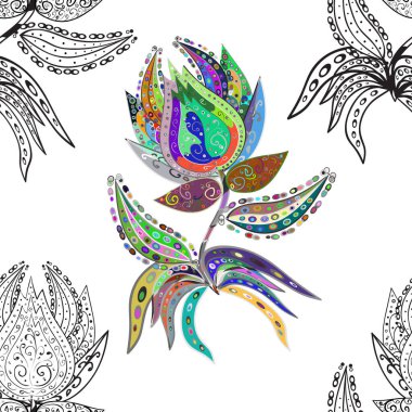 Çocuk stili. Çiçeklerle kusursuz bir arka plan. Renkli Bahar Temalı Kusursuz Arkaplan. Düz Çiçek Elementleri Tasarımı.