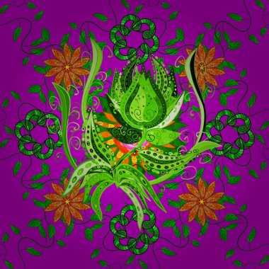 Magenta ve yeşil renkler. Yaz çiçekleri teması. Klasik çiçekler. Suluboya taklit Vektör çizimi. El çizimi soyut süslü elementler.