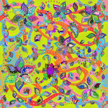 Düz Çiçek Elementleri Tasarımı. Güzel kumaş deseni. Yazdır. Vektör çiçekli arka plan. Renkli Yaz Temalı Kusursuz Arkaplan. Sevimli, pürüzsüz desen.