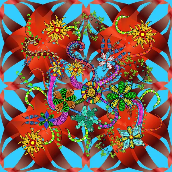 Vektör çizimi. Tropik, dikişsiz çiçek deseni. Mor, turuncu ve kahverengi renkte çiçekler.