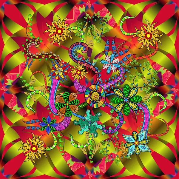 Vektör çizimi. Tropik, dikişsiz çiçek deseni. Mor, turuncu ve kahverengi renkte çiçekler.