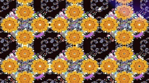 Çiçek süslemeli çizim deseni. Raster illüstrasyonu. Sarı renkte çiçekler.