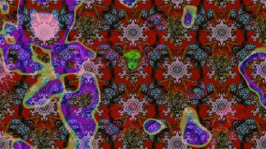 Kırmızı, kahverengi ve gri renkte etnik çiçeklerle süslenmiş zarif bir eskiz şekli. Raster Çiçek İllüstrasyon Şirin Tekstil.