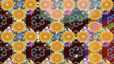 Raster Floral Illustration, Asyalı tekstil. Kahverengi renkli etnik çiçeklerle zarif bir eskiz deseni..