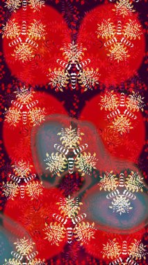 Yapraklı çiçekler ve kırmızı renklerde papatya çiçekleri. Eskiz arkaplan modeli. Raster - stok.