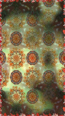 Raster illüstrasyonu. Çiçeklerle suluboya desenli çiçek deseni. Kahverengi ve nötr renklerde Asya tekstili.