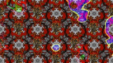 Çok renkli ve kahverengi zarif küçük çiçekler ve gri ve kahverengi renkli komik böcekler, raster deseni, illüstrasyon.