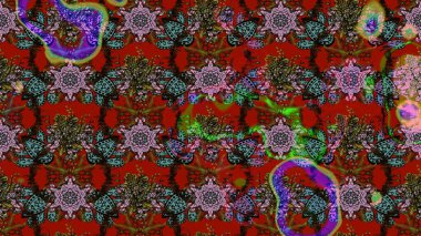 Modern çiçek arkaplanı. Halk tarzı. Parlak renkli çiçekleri olan ve kırmızı ve kahverengi renkte yaprakları olan harika bir çiçek deseni. Moda baskıları için zarif bir şablon.