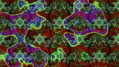 Raster illüstrasyonu. Çiçek desenli çizim. Yeşil ve kahverengi renkli Asyalı tekstil.