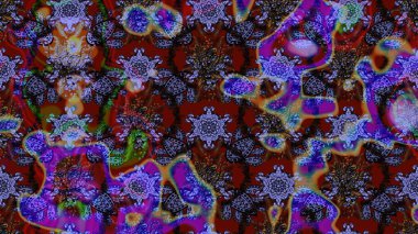 Raster illüstrasyonu. Mor ve kahverengi renkte çiçekler. Çiçek desenli çizim. Asya tekstil tarzında. Raster illüstrasyonu.