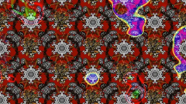 Çok renkli ve kahverengi zarif küçük çiçekler ve gri ve kahverengi renkli komik böcekler, raster deseni, illüstrasyon.