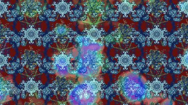 Çiçekli ipek eşarp. Retro tekstil tasarım koleksiyonu. Mavi ve kırmızı, mavi ve kırmızı üzerine. El çizimi çiçek unsurları olan soyut çizim raster deseni. 1950 'ler-1960' lar motifleri.