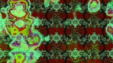 Çok yeşil ve kahverengi zarif küçük çiçekler ve yeşil ve kahverengi renkli komik böcekler, raster desen, illüstrasyon.