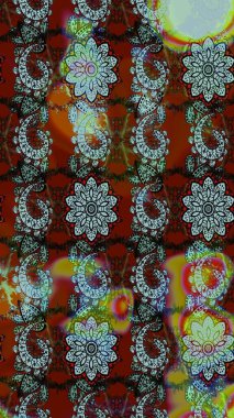 Eskiz geçmişi. Eski usul. Renkli desenli eskiz deseni, kahverengi ve kırmızı çiçekler ve dekoratif elementler. Kumaş, tekstil, duvar kağıdı baskısı için. Raster illüstrasyonu.