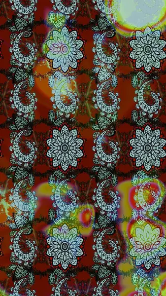 Eskiz geçmişi. Eski usul. Renkli desenli eskiz deseni, kahverengi ve kırmızı çiçekler ve dekoratif elementler. Kumaş, tekstil, duvar kağıdı baskısı için. Raster illüstrasyonu.