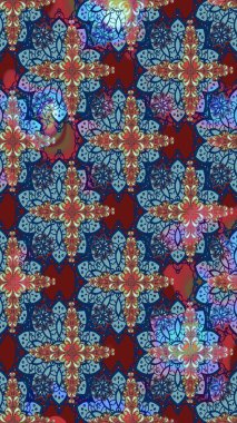 Mavi ve kırmızı renklerde. Çiçek buketleriyle klasik bir eskiz şekli. Raster illüstrasyonu.