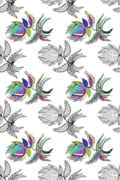 Renkli Yaz Temalı Kusursuz Arkaplan. Düz Çiçek Elementleri Tasarımı. Güzel kumaş deseni. Raster çiçekli arka plan. Güzel, pürüzsüz bir desen. Yazdır.