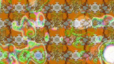 Çiçekli ipek eşarp. El çizimi çiçek unsurları olan soyut çizim raster deseni. 1950-1960 motifleri. Retro tekstil tasarım koleksiyonu. Kahverengi ve turuncu kahverengi ve turuncu.