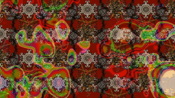 Kahverengi ve kırmızı renkte etnik çiçeklerle süslenmiş zarif bir eskiz şekli. Asya Tekstil 'inde Raster Çiçek İllüstrasyonu.