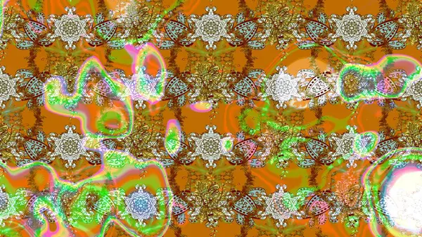 Çiçekli ipek eşarp. El çizimi çiçek unsurları olan soyut çizim raster deseni. 1950-1960 motifleri. Retro tekstil tasarım koleksiyonu. Kahverengi ve turuncu kahverengi ve turuncu.