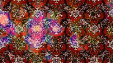 Çiçek desenli çizim. Raster illüstrasyonu. Kahverengi ve kırmızı renklerde Asya tekstili.