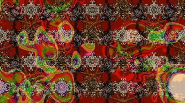 Kahverengi ve kırmızı renkte etnik çiçeklerle süslenmiş zarif bir eskiz şekli. Asya Tekstil 'inde Raster Çiçek İllüstrasyonu.