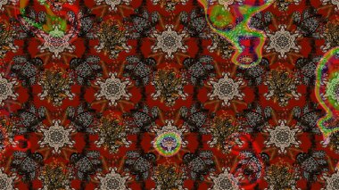 Çiçek desenli çizim. Raster illüstrasyonu. Kahverengi ve kırmızı renklerde Asya tekstili.