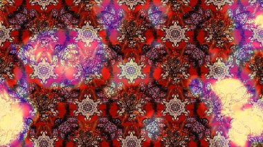 Üzerinde gelincikler ve vadi zambakları olan renkli çiçek desenli nakış deseni. Tekstil tasarımı için kırmızı ve kahverengi renkli geleneksel halk çiçekleri..