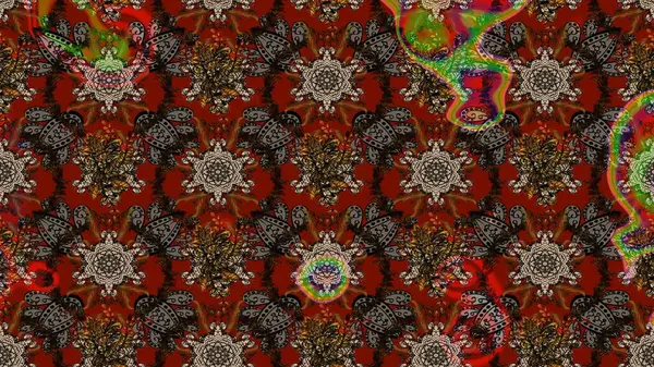 Çiçek desenli çizim. Raster illüstrasyonu. Kahverengi ve kırmızı renklerde Asya tekstili.