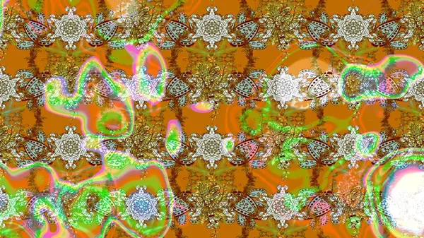 Çiçekli ipek eşarp. El çizimi çiçek unsurları olan soyut çizim raster deseni. 1950-1960 motifleri. Retro tekstil tasarım koleksiyonu. Kahverengi ve turuncu kahverengi ve turuncu.