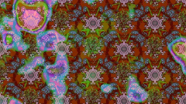 Çiçekli karalama şeklinde Raster çiçek deseni. Nazik, sevimli çiçek arkaplanı. Kahverengi ve yeşil renkte çiçekler.